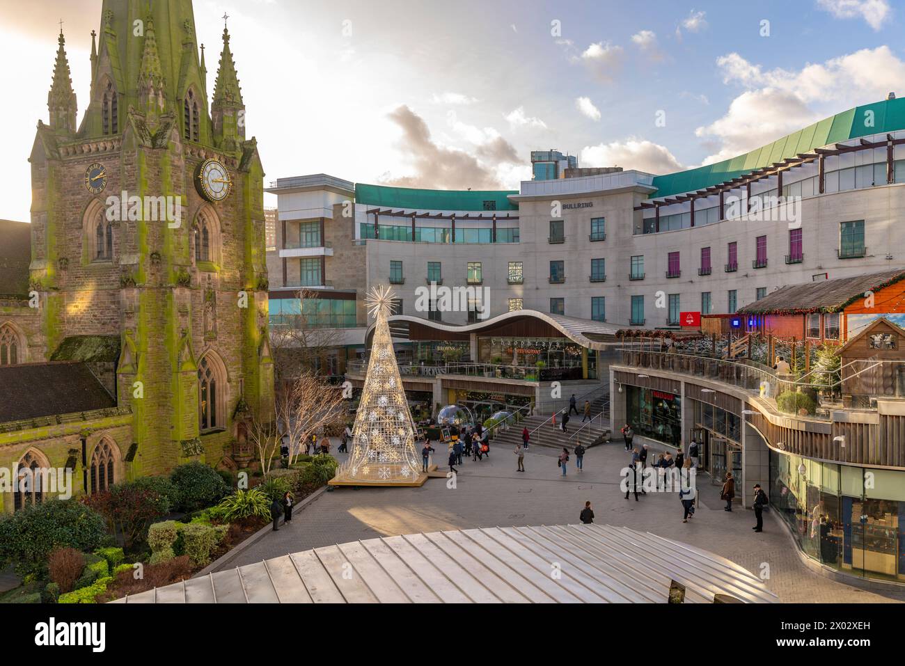 View of St. Martin's Church at Christmas from the Bullring Shopping Centre, Birmingham, West Midlands, England, United Kingdom, Europe Stock Photo