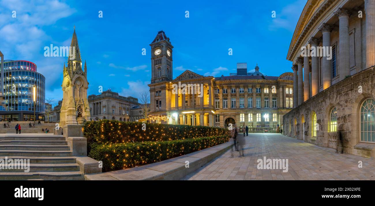 View of Chamberlain Memorial in Chamberlain Square at dusk, Birmingham, West Midlands, England, United Kingdom, Europe Stock Photo