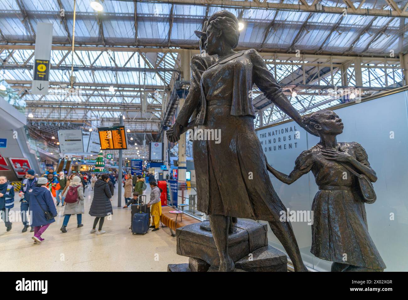 View of National Windrush Monument at Waterloo Station main concourse, London, England, United Kingdom, Europe Stock Photo