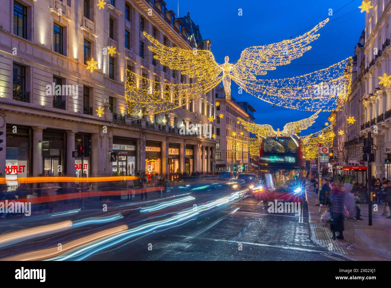 View of Regent Street shops and lights at Christmas, Westminster, London, England, United Kingdom, Europe Stock Photo