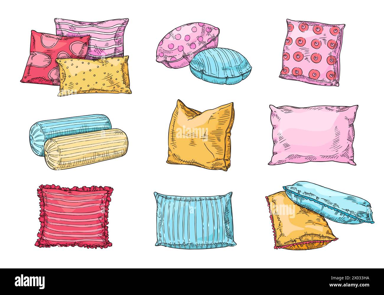 Sketch bed pillows with textile patterns, doodle sleeping accessories Stock Vector