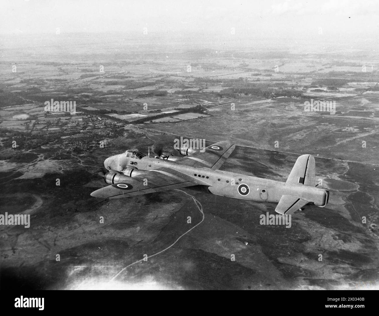 AIRCRAFT OF THE ROYAL AIR FORCE 1939-1945: SHORT S.29 STIRLING. - Stirling Mark V (serial number not discernible) of No 46 Squadron RAF based at Stoney Cross, Hampshire, airborne on a test flight  Royal Air Force, 46 Squadron Stock Photo