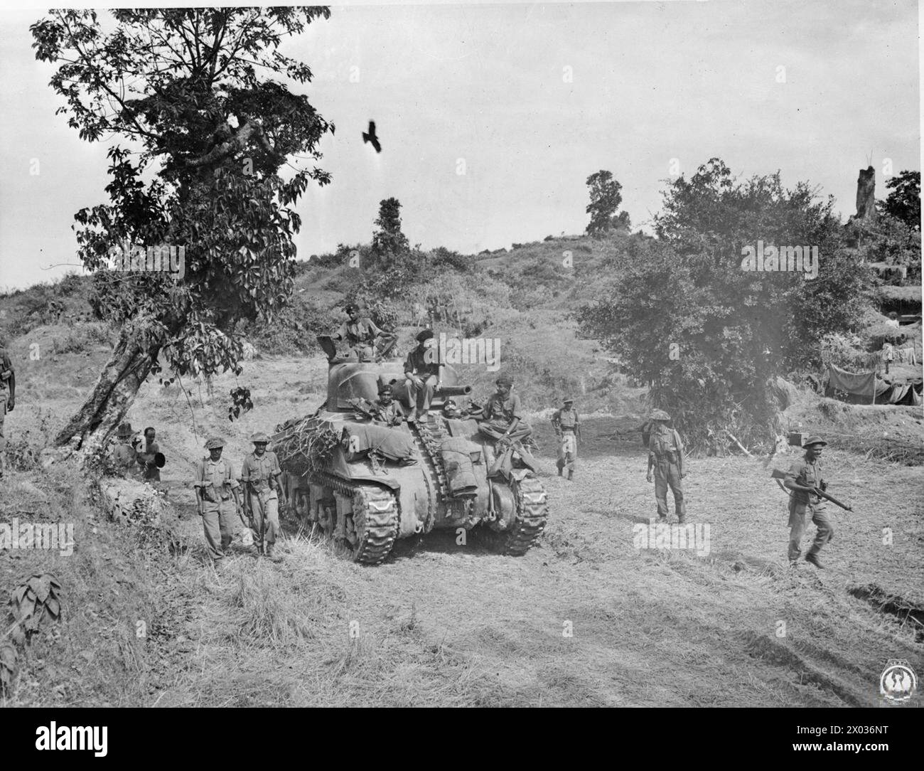 A Sherman tank of 'B' Squadron, 19th Lancers, positions to shell ...