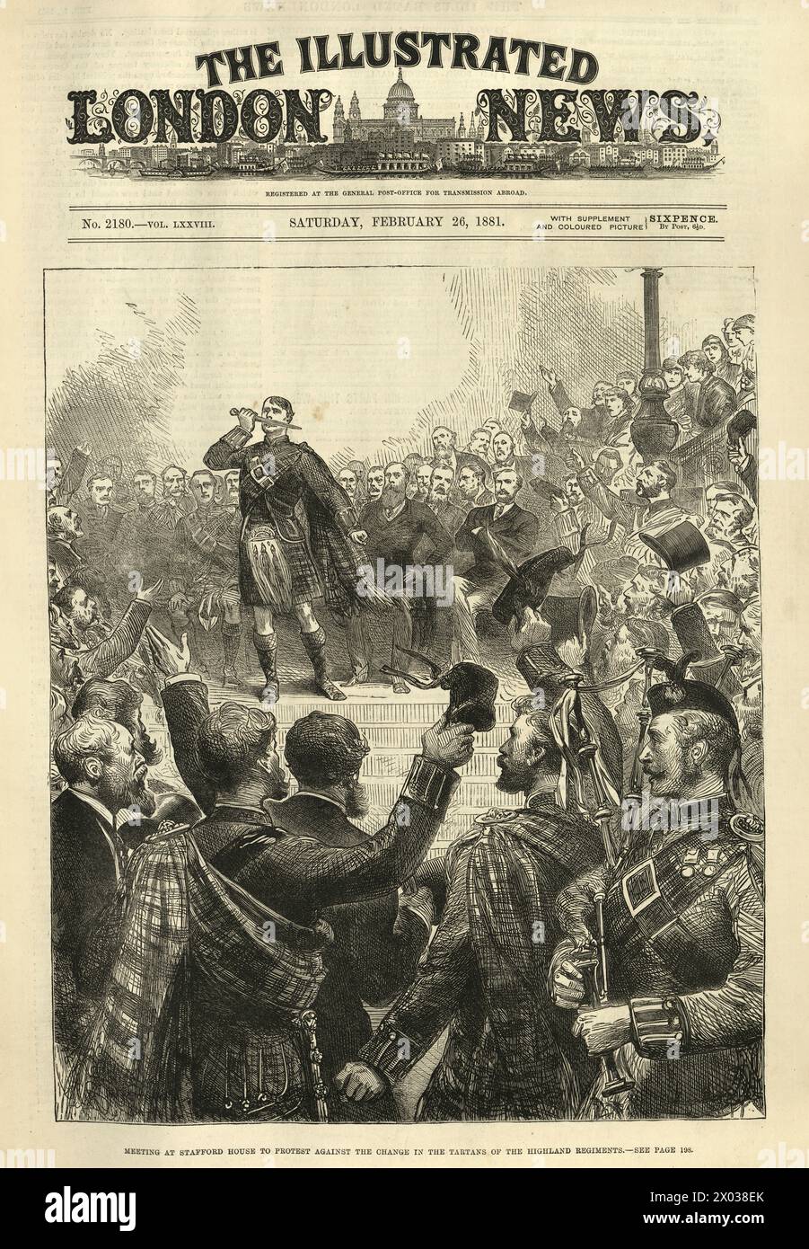 Vintage illustration of Meeting at Stafford House to protest against the change in the tartans of the Highland Regiments, Victorian, 1880s 19th Century Stock Photo