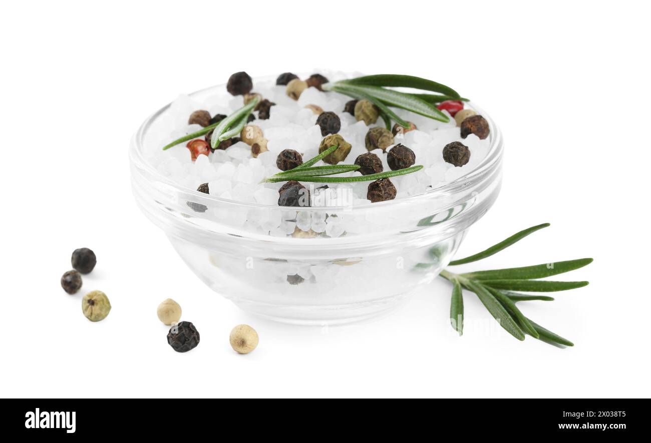Salt with rosemary and peppercorns in bowl isolated on white Stock Photo