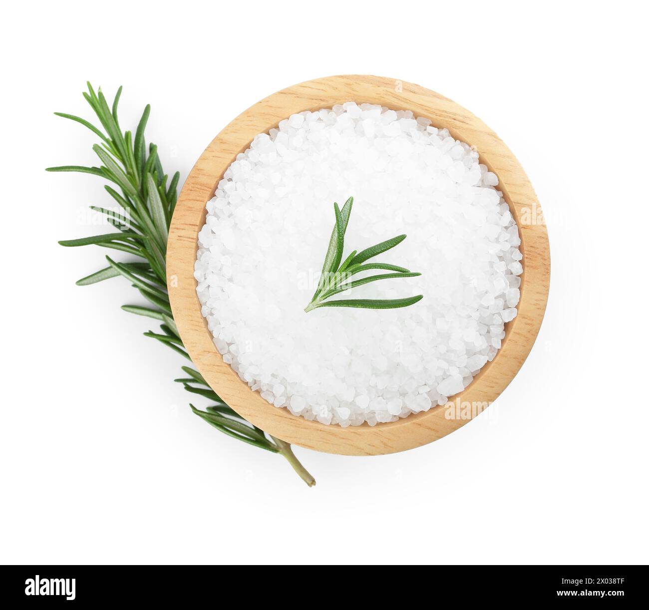 Salt with fresh rosemary in wooden bowl isolated on white, top view Stock Photo
