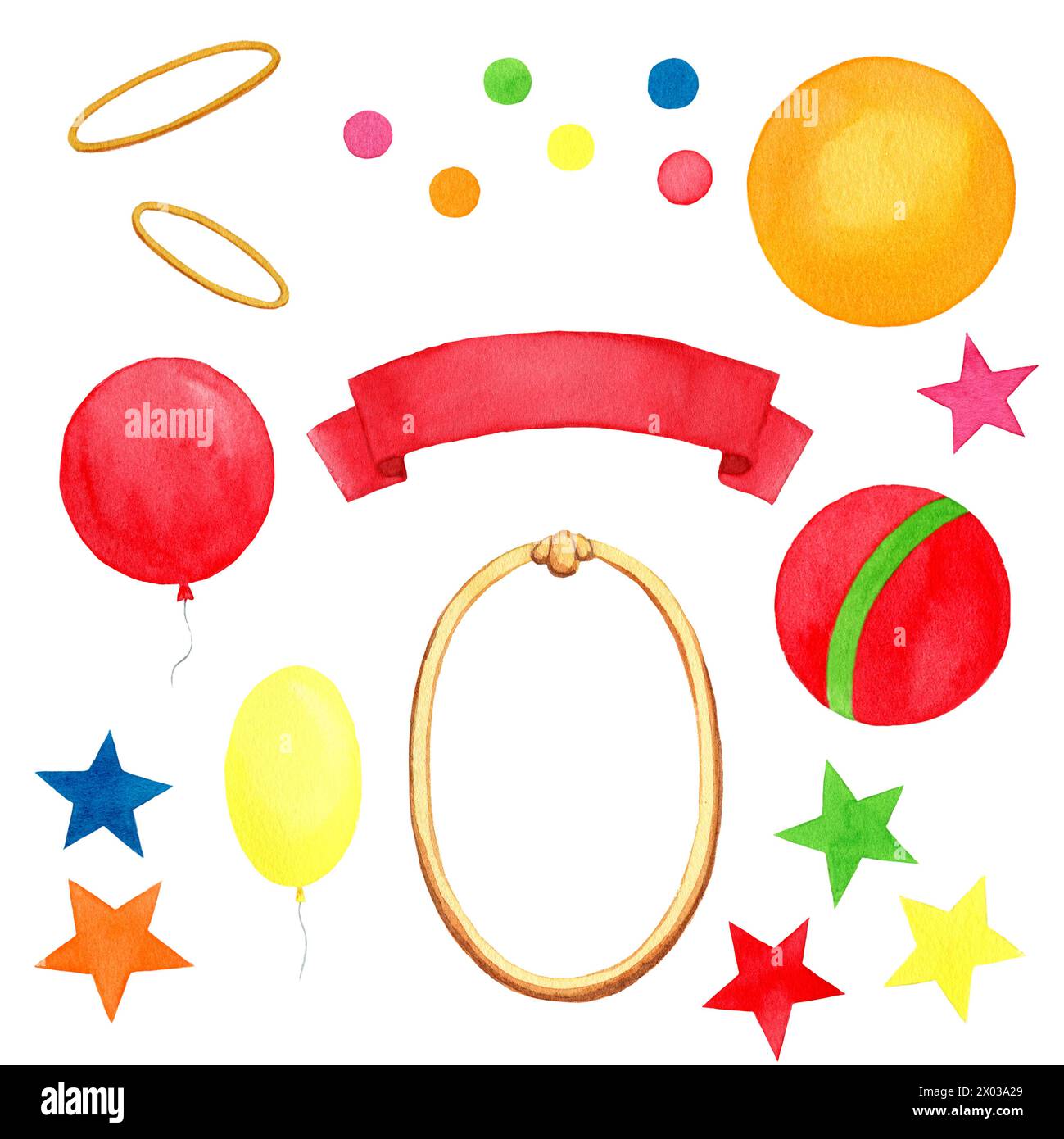 Cute circus watercolor illustration set for kids. Inscription tape ...
