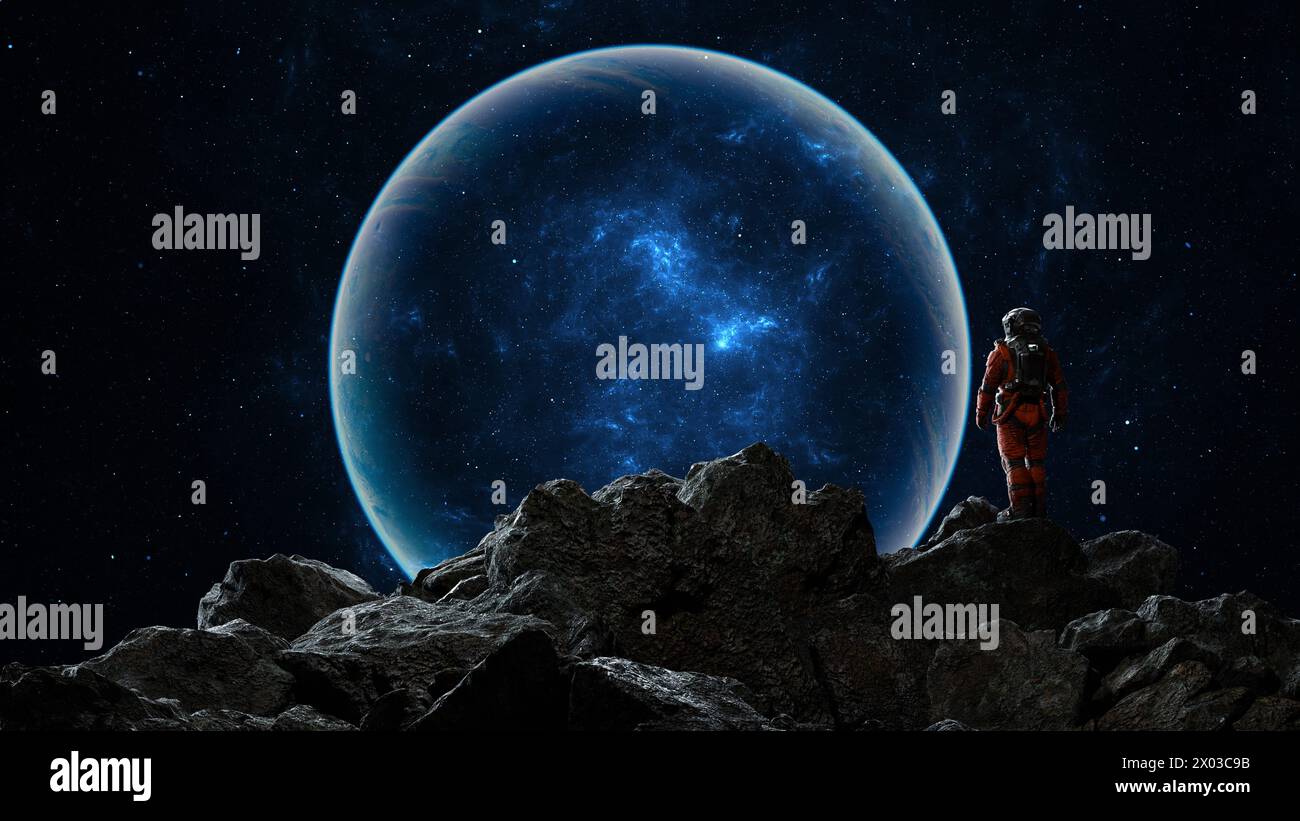 Astronaut observes a massive blue planet while perched on a rocky outcrop against the backdrop of a starry sky. 3d render Stock Photo