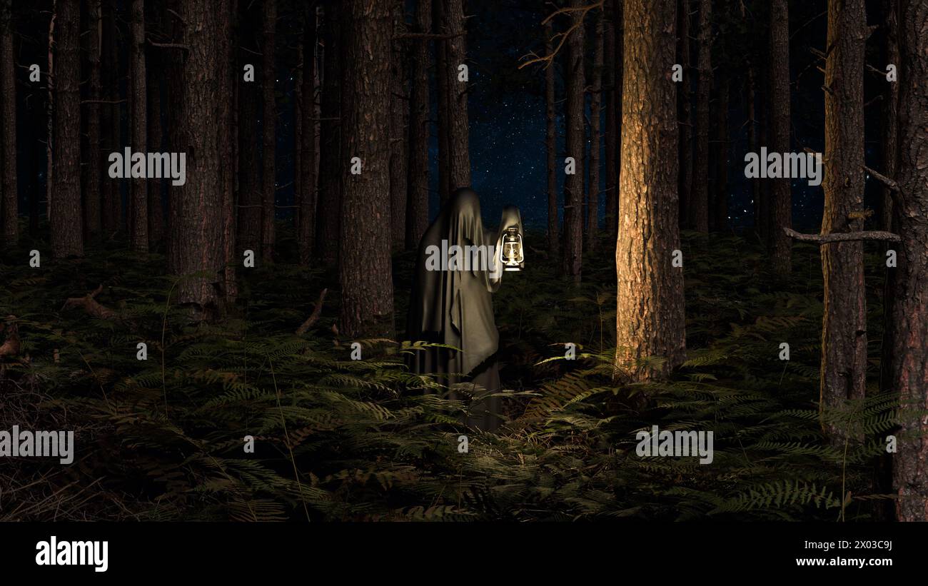 Cloaked mysterious figure emerges amongst the trees, illuminated by a ...