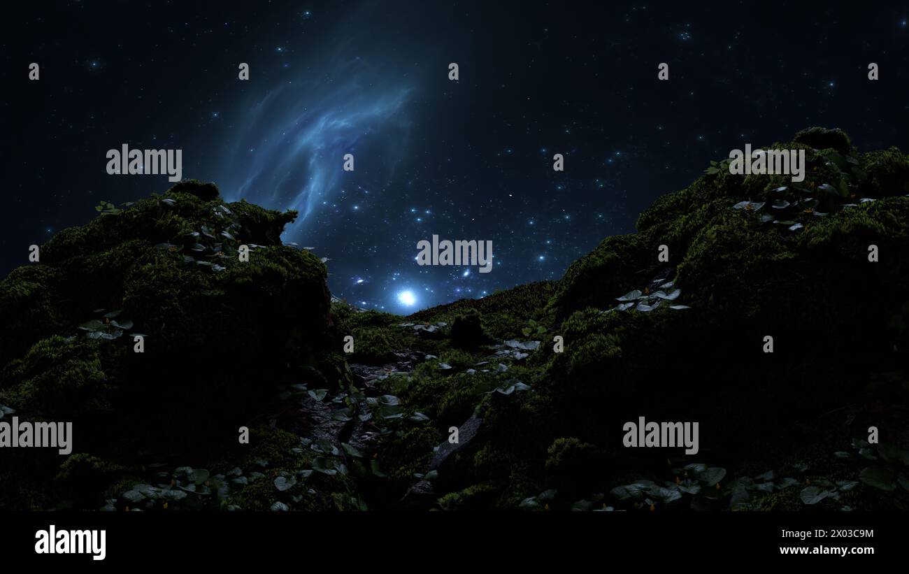 Ethereal cosmic phenomena illuminate the night sky above a mossy, forested landscape. 3d render Stock Photo