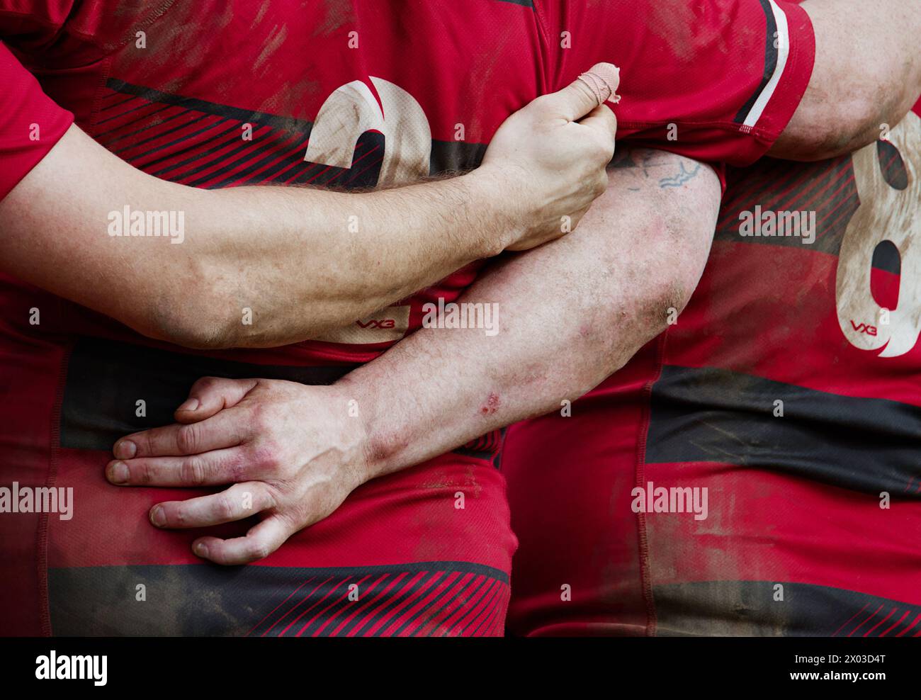 Close Up Of The Back Of Dirty Muddy Rugby Union Players With Arms Around Each Other Showing Togetherness, Camaraderie, Shoulder To Shoulder, Companion Stock Photo