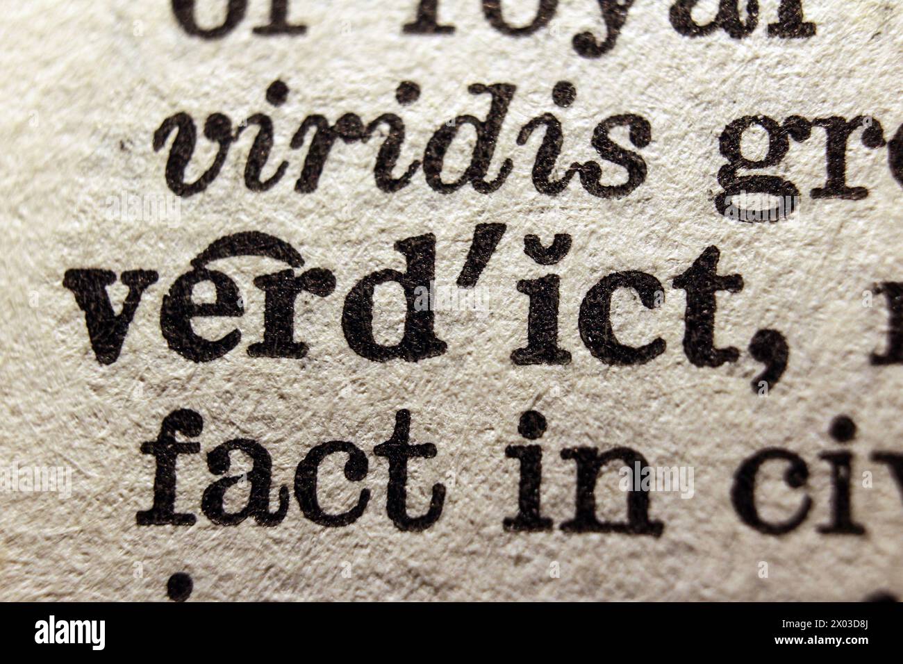 Word verdict on dictionary page, macro close-up Stock Photo