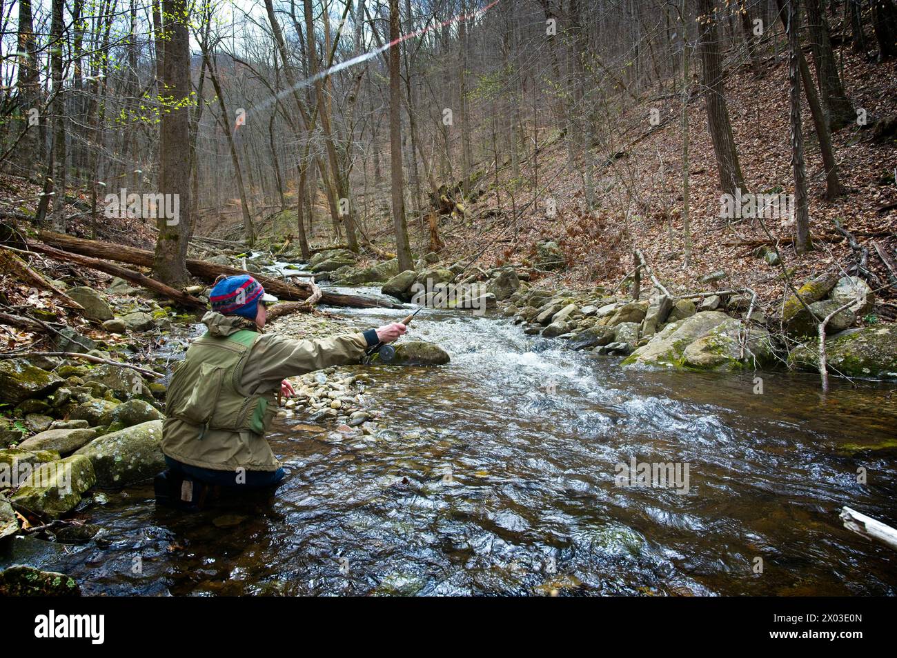 United States: 04/04/2024; Fly fishing on the North Creek near Buchanan Virginia. Stock Photo