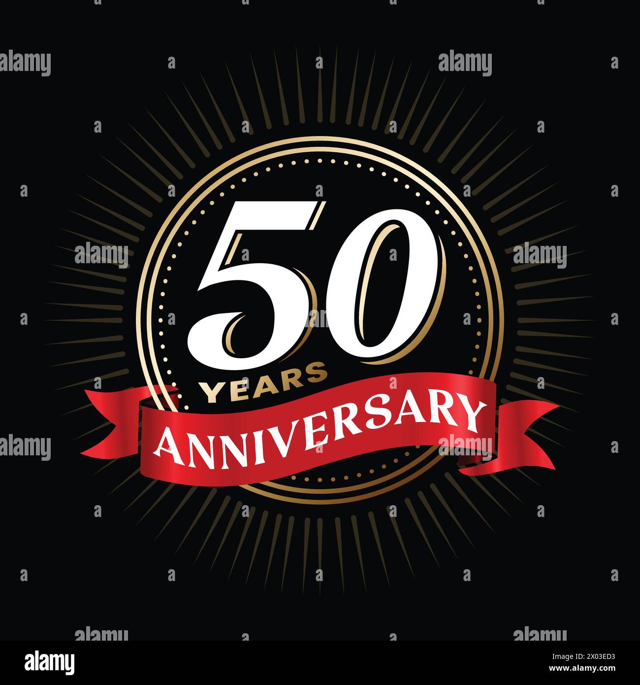 50 years anniversary logo design with ribbon and celebration elements. Company 50 year anniversary badge. 50 TH birthday sign and symbol. Golden color Stock Vector