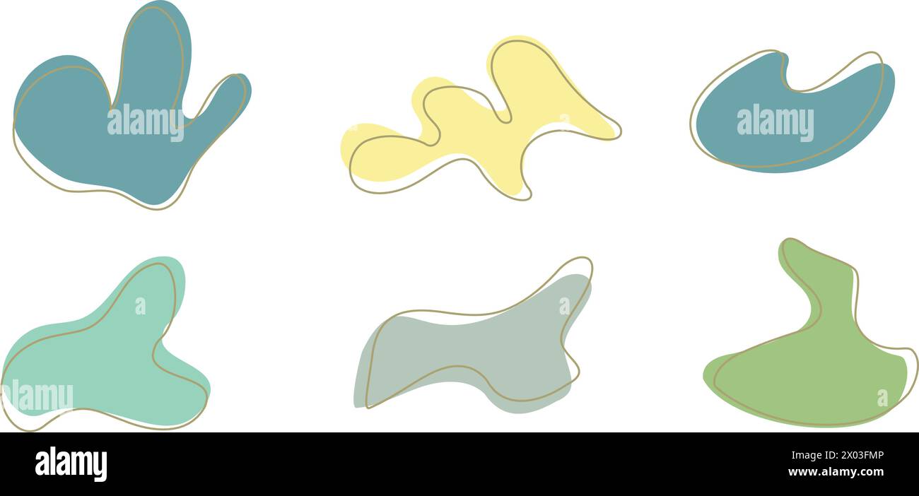Set of organic irregular blob shapes with stroke line. Green gray ...