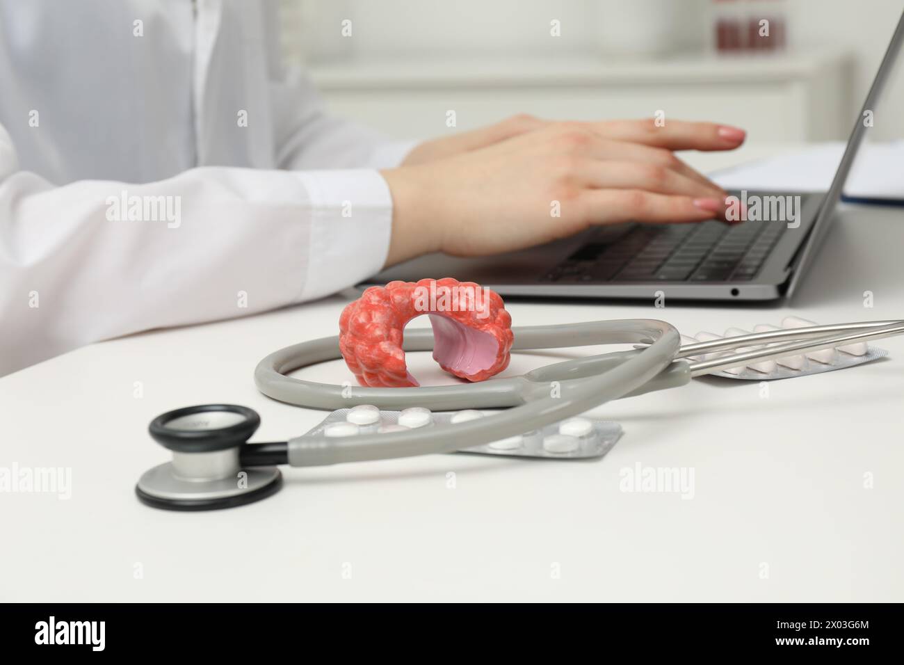 Endocrinologist working at table, focus on stethoscope and model of thyroid gland Stock Photo