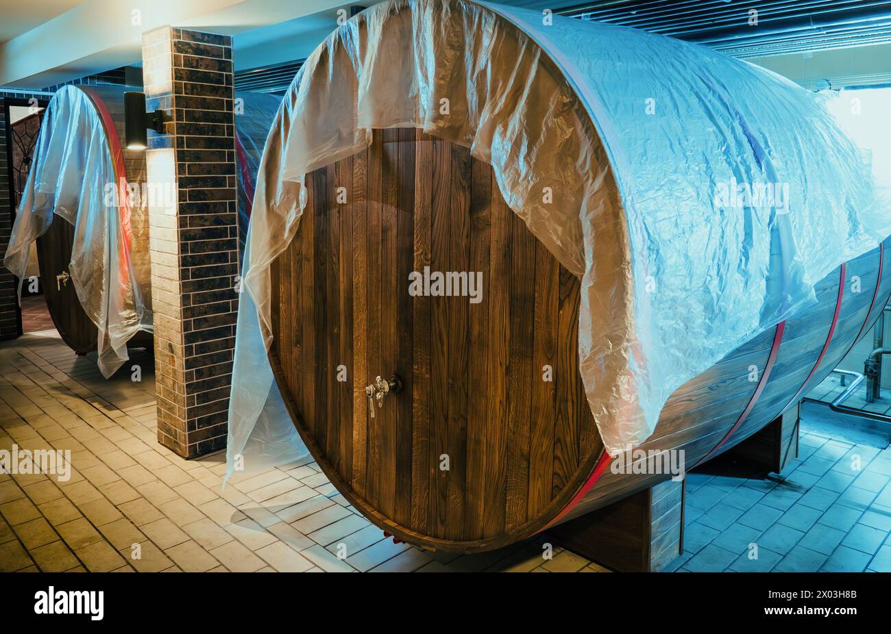Wooden casks in brewery aging cellar, undergoing timehonored process