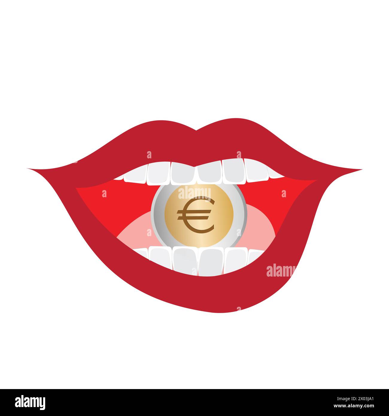 Woman mouth with euro coin inside Stock Vector