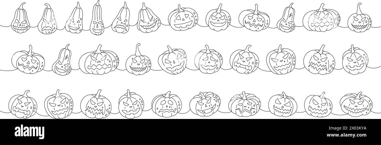 Pumpkins with scary faces. Autumn pumpkins faces one line continuous ...