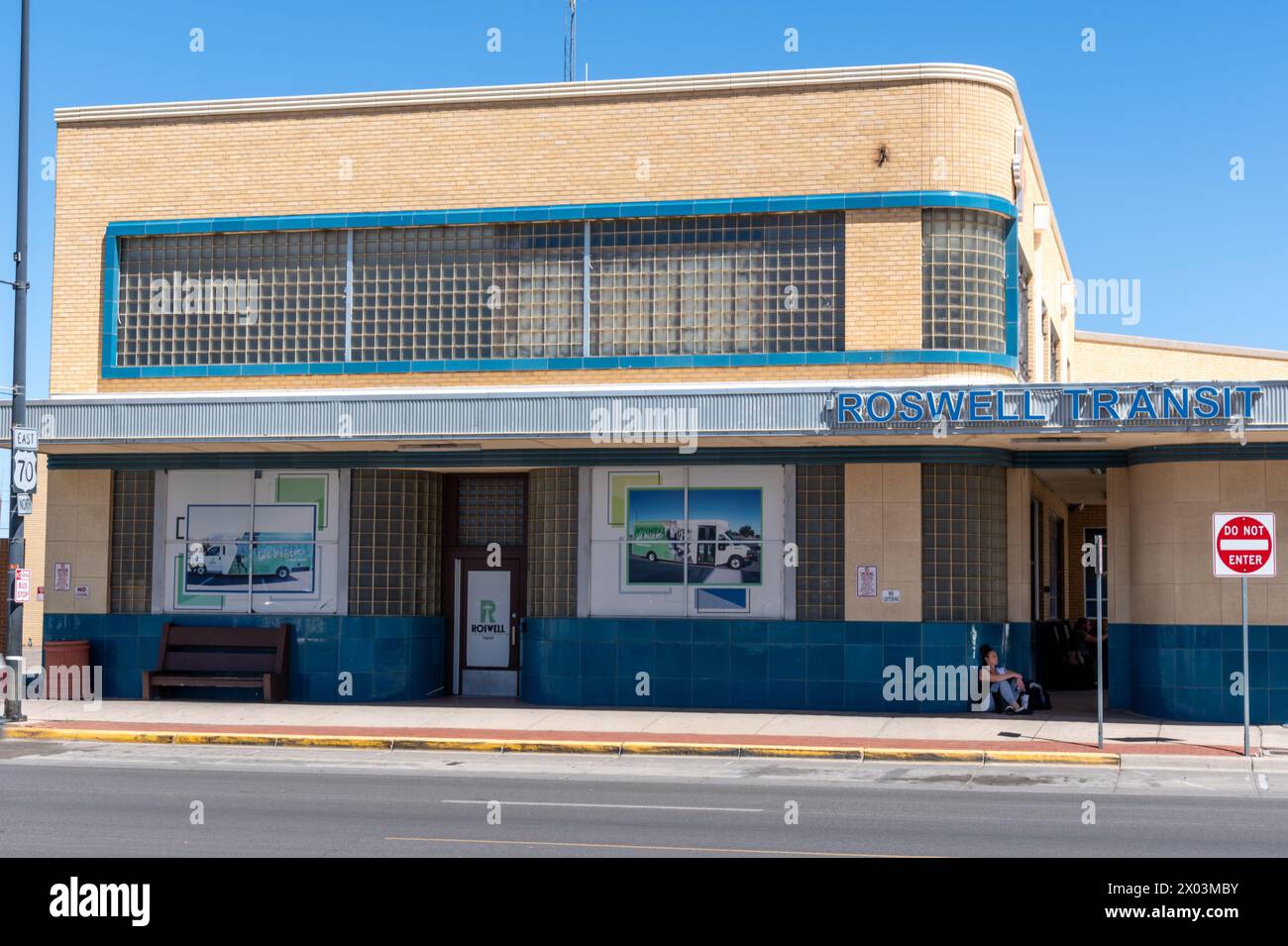 Roswell Transit station, once a GreyHound Bus Depot, built in art deco streamline moderne style, on Main Street, Roswell, New Mexico, USA. Stock Photo