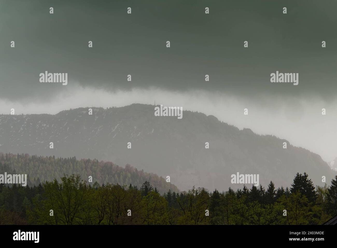 Ein seltenes Wetterphänomen im bayerischen Voralpenland über dem Rauschberg bei Ruhpolding. Windböen wehen die Pollen der bereits blühenden Natur in den Himmel , der noch von Wolken mit Saharastaub bedeckt ist. Siegsdorf Bayern Deutschland *** A rare weather phenomenon in the Bavarian foothills of the Alps over the Rauschberg near Ruhpolding Gusts of wind blow the pollen of the already blooming nature into the sky, which is still covered by clouds with Sahara dust Siegsdorf Bavaria Germany Copyright: xRolfxPossx Stock Photo