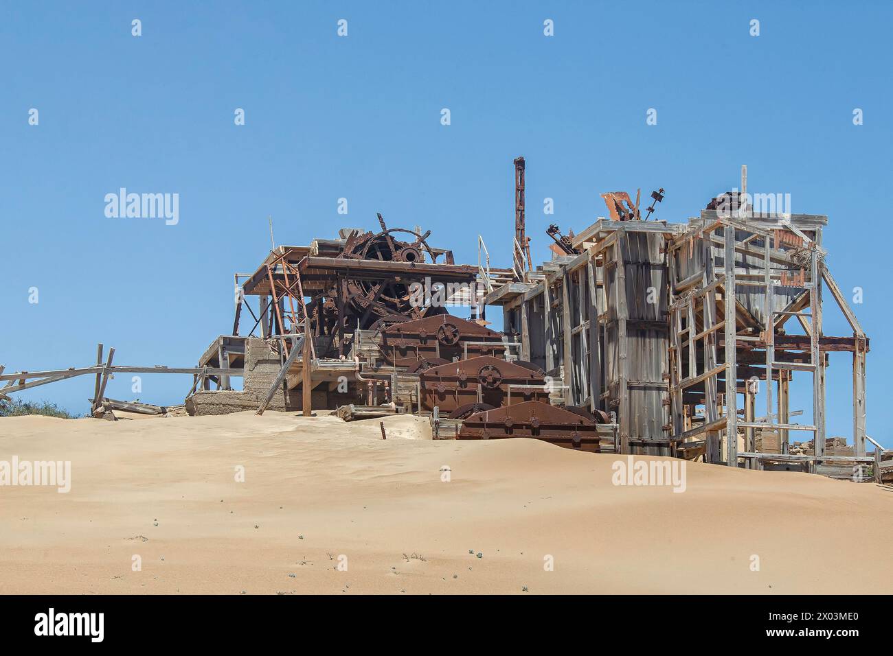 The remains of diamond extraction machinery at Bogenfels deserted mine in the Namib Desert. Stock Photo