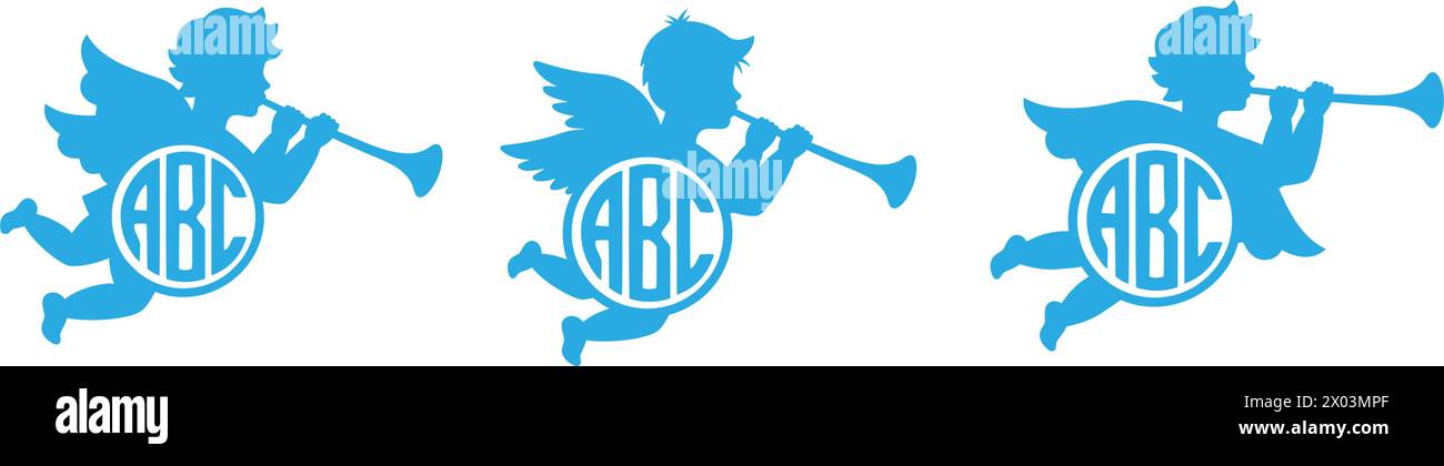 Cherub with name monograms. Kids monogram. Angel with a wings. Herald angel blowing trumpet. Cherub blowing into a tube. Vector illustration. Stock Vector