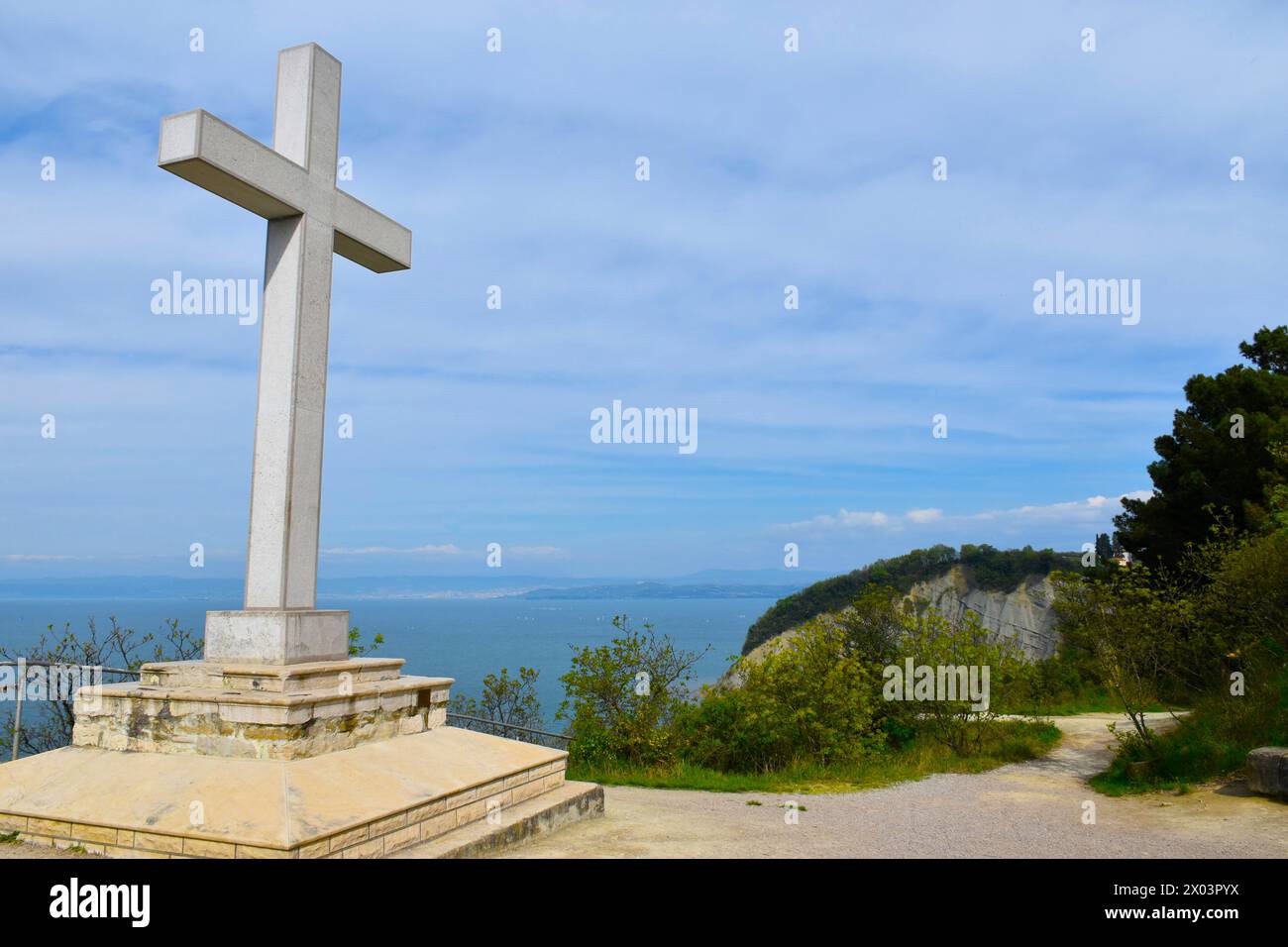 View of a cross in Strunjan nature reserve and the Adriatic sea in Primorska, Slovenia Stock Photo