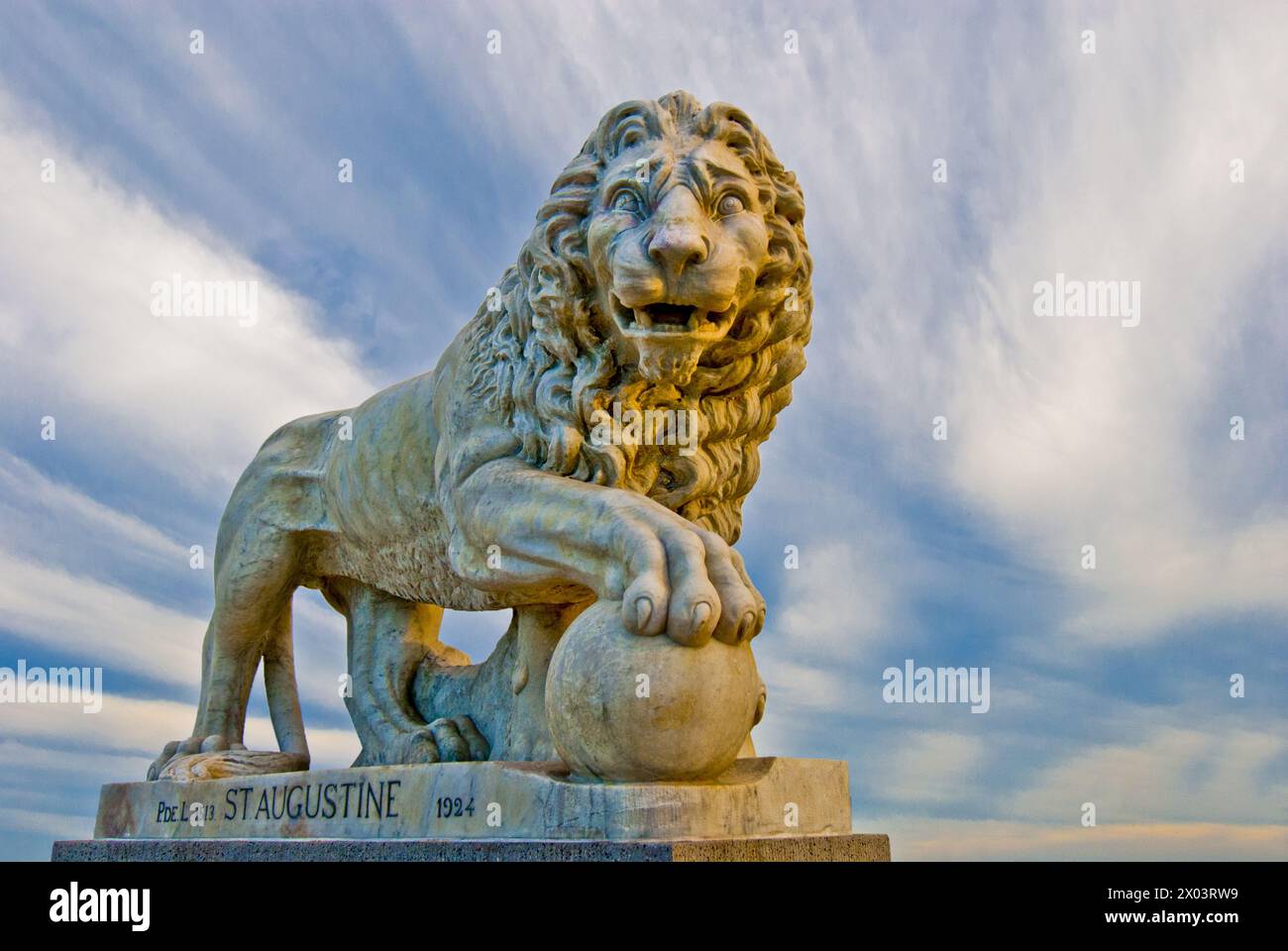 St. Augustine, FL, one of a pair of marble Medici lions on the west end of the Bridge of Lions, listed in the National Register of Historic Places Stock Photo