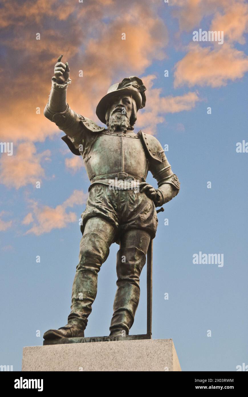statue of Juan Ponce de Leon, the discoverer of Florida, landed near this spot in 1513 in St. Augustine, Florida, USA Stock Photo