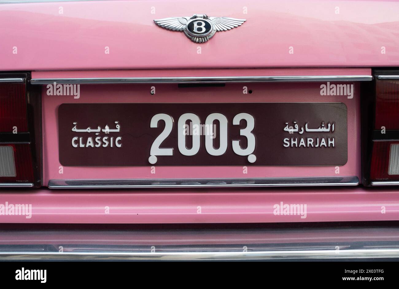 Silver and pink coloured Bentlley Mulsanne (1980s) parked in Dubai,United Arab Emirates Stock Photo