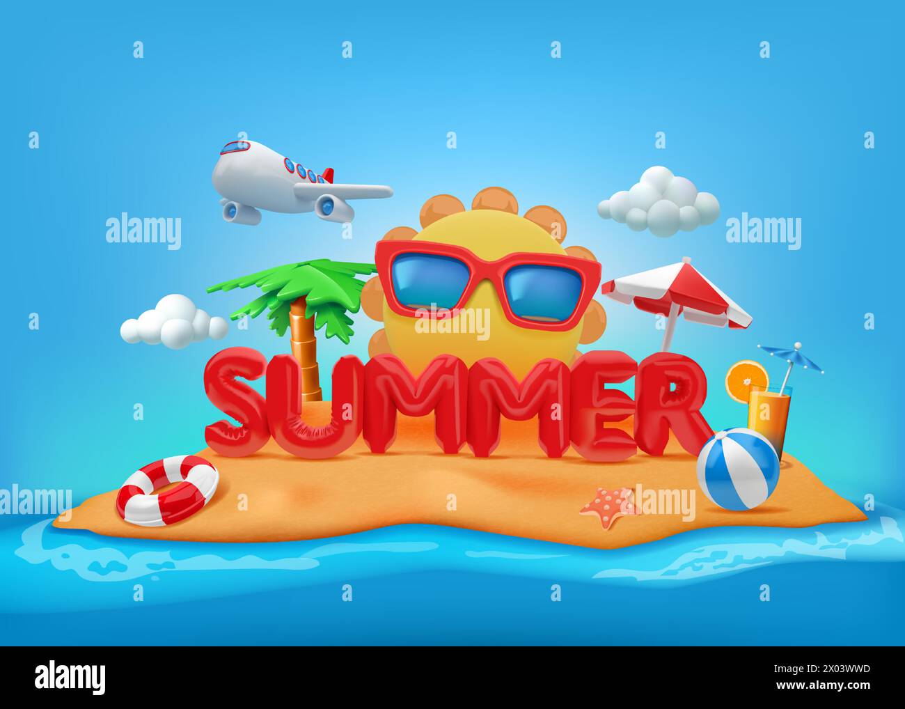 Summer background. 3D sand beach. Sea island. Sun and fun holiday