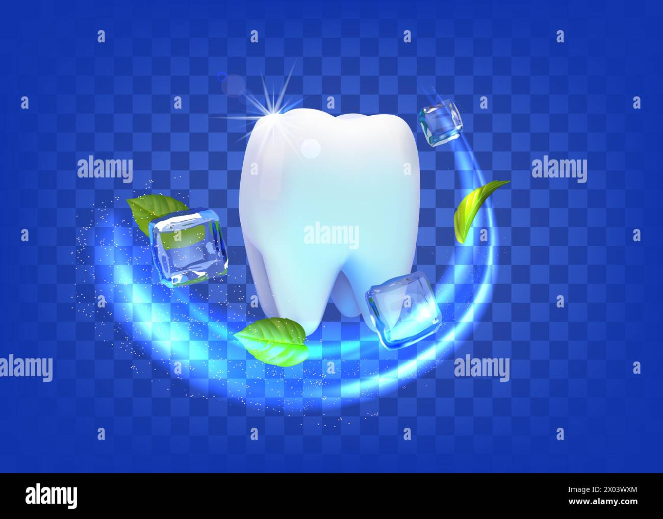 Clean tooth. Fresh ice and mint leaves, white smile mouth, cold breath, dental protect brush as nature care. Professional teeth whitening enamel, oral hygiene clinic. Dentistry vector 3d template Stock Vector