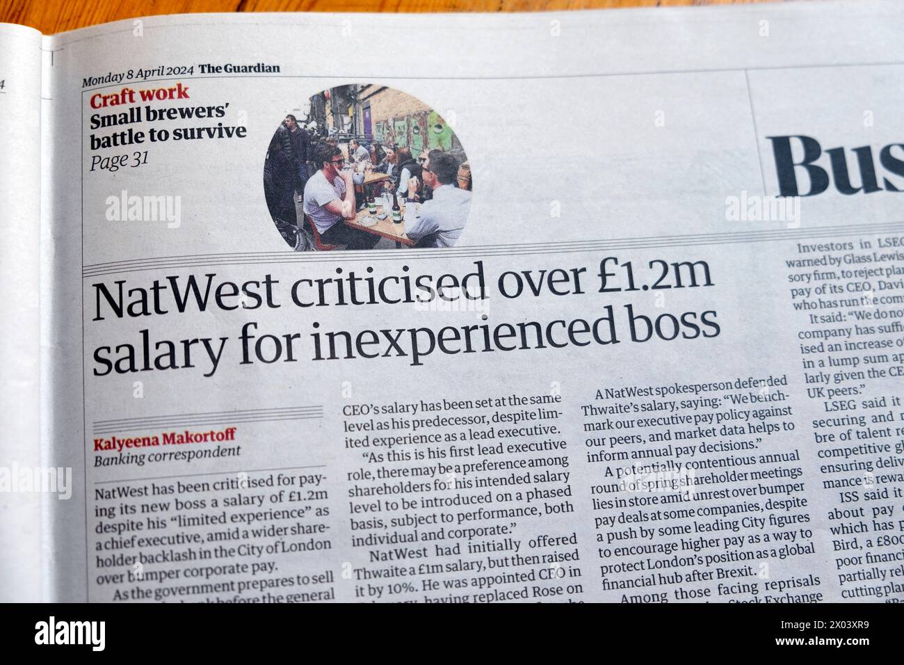 'NatWest criticised over £1.2m salary for inexperienced boss' Guardian newspaper headline business bank article 8 April 2024 London England UK Britain Stock Photo
