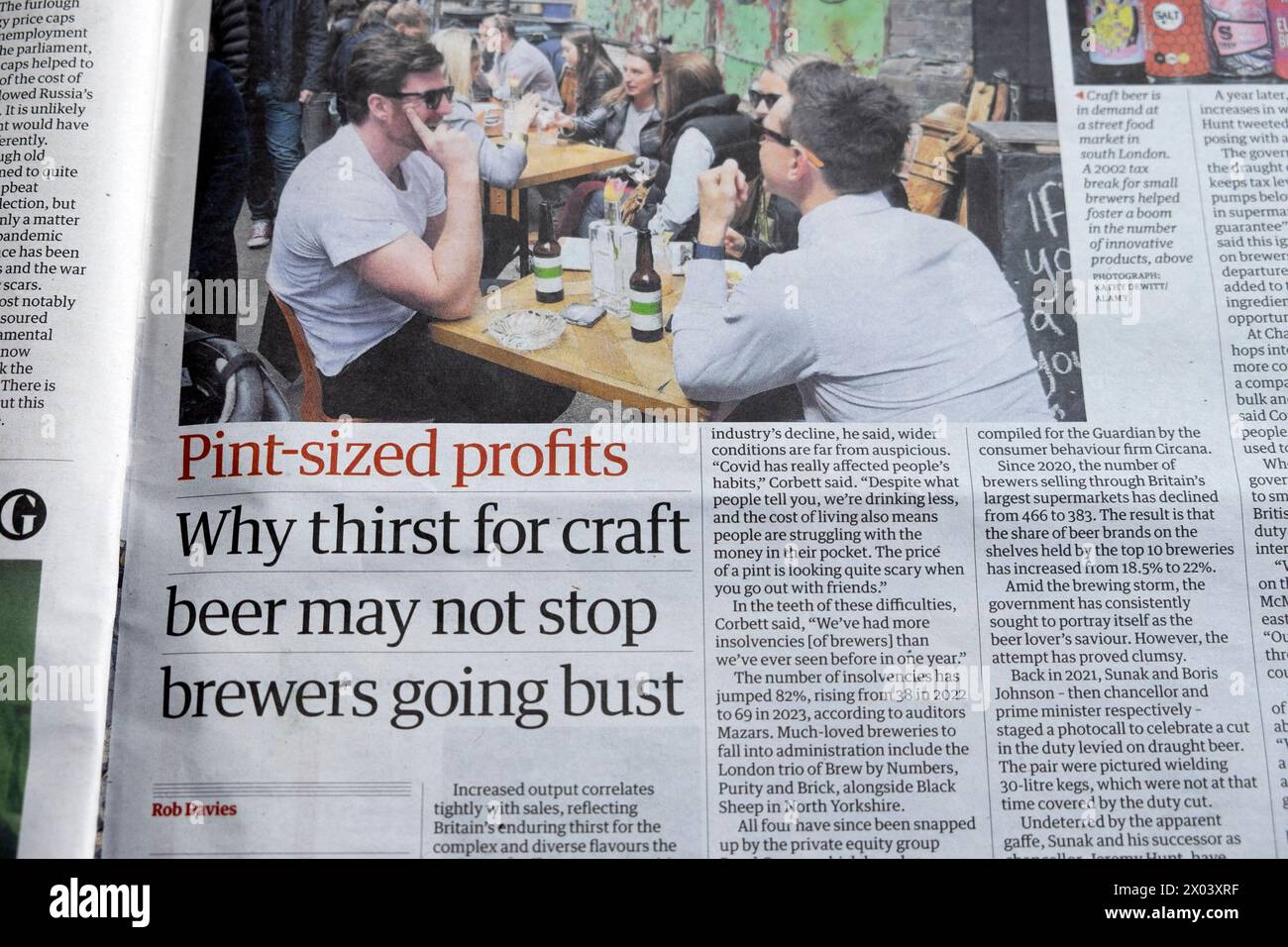 'Why thirst for craft beer may not stop brewers going bust' Guardian newspaper headline article 8 April 2024 London England UK Stock Photo