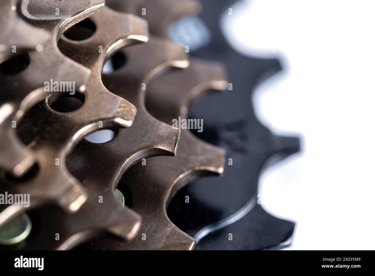 Bicycle chain speed star for changing gears in closeup. On a white