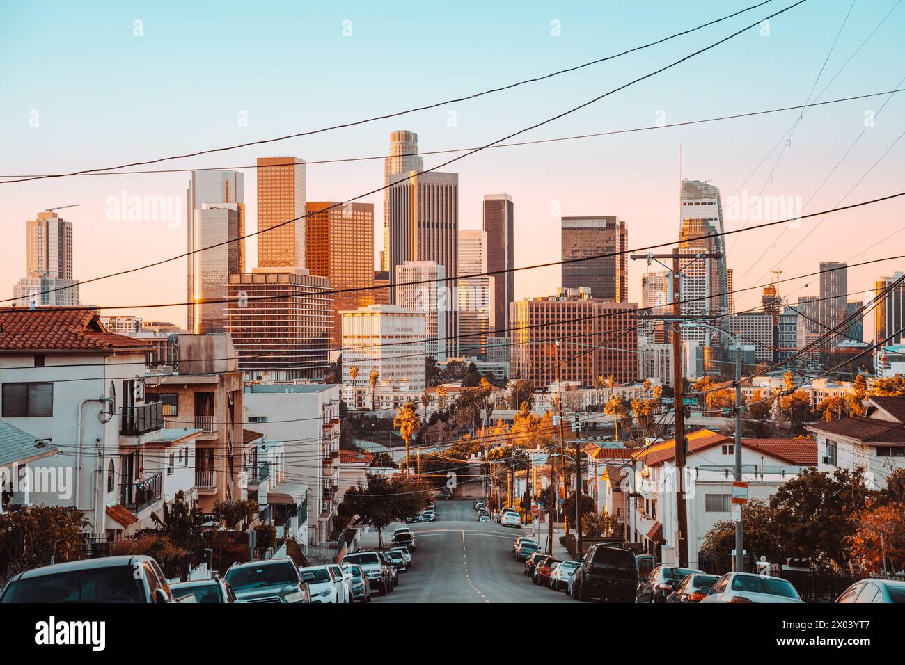 the skyline of los angeles during sunrise, california Stock Photo