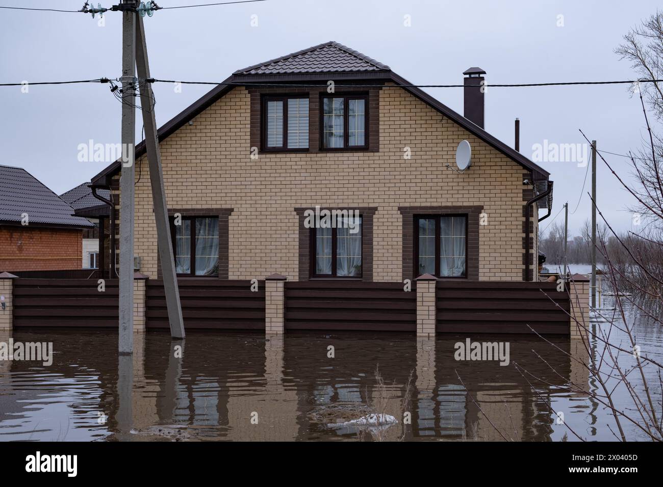 Flooded house. House was flooded with water during spring flood Stock Photo