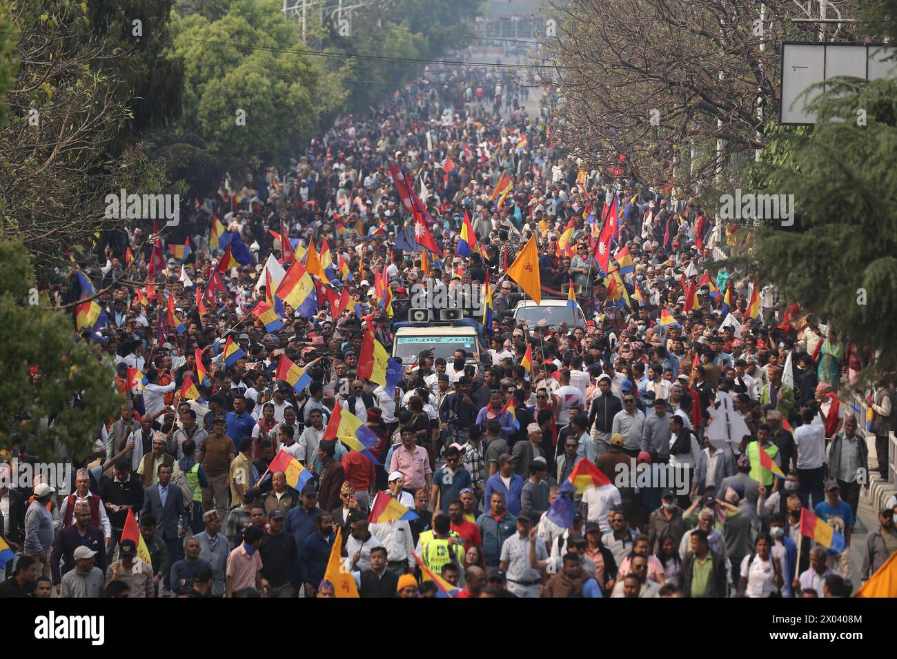 Monarchists clash with Police in Nepal Thousands of pro-monarchists led by Rastriya Prajatantra Party RPP, a right-wing pro-monarch party of Nepal march in Kathmandu covering a major road section on 9 April, 2024. Led by Rajendra Lingden, the Chairman of RPP, thousands of cadres and pro-monarchists clashed with security personnel in Kathmandu as the march turned violent after attempting to enter restricted zone near Singha Durbar, administrative capital of the Himalayan Nation. RPP on 9 April had hit the street demanding restoration of constitutional monarchy and Hindu kingdom. Copyright: xSub Stock Photo