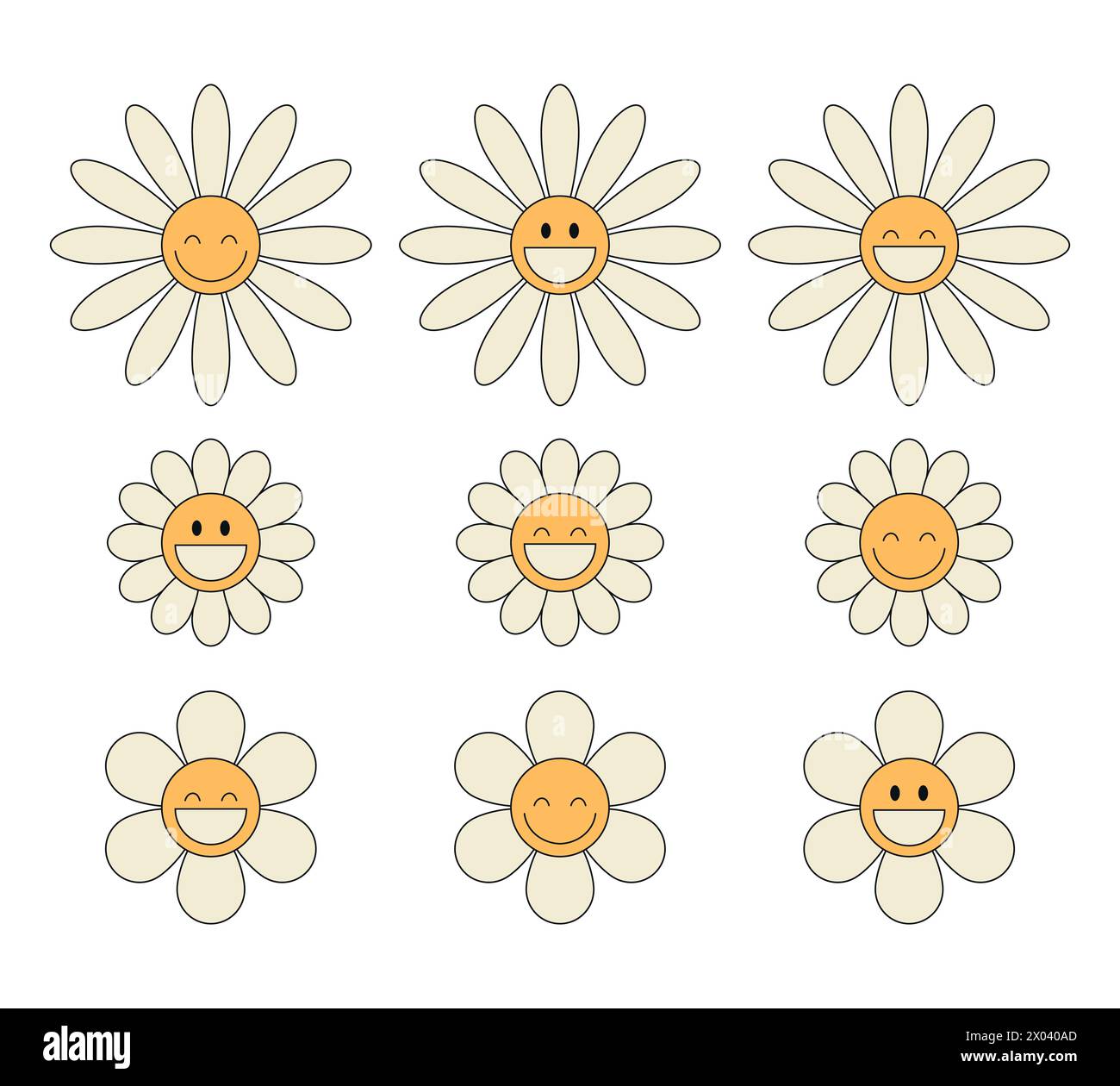 Groovy daisy chamomile flower characters set. Hippie retro style. Flower icons. Vector illustration Stock Vector