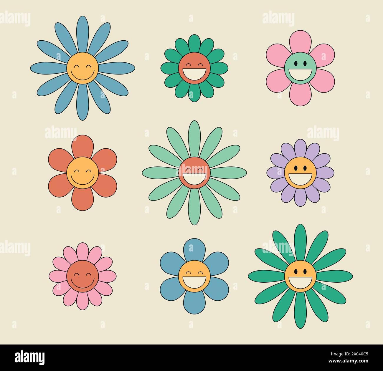 Groovy daisy flower characters set. Hippie retro style. Flower icons. Vector illustration Stock Vector