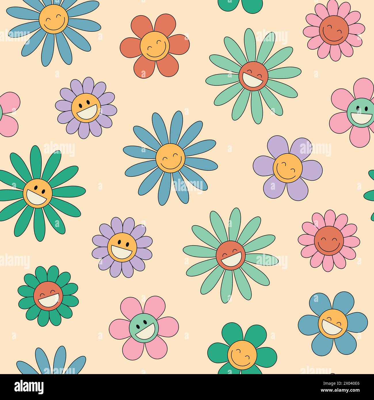 Groovy daisy flower seamless pattern. Hippie retro style. Flower icons. Vector illustration Stock Vector