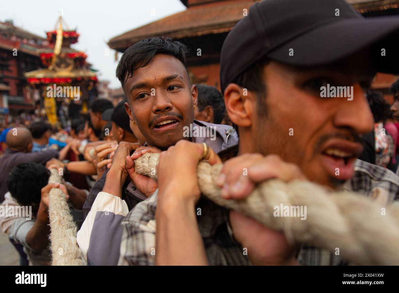 Bhaktapur, Nepal, 09/04/2024, Nepalese people are pulling the chariot ...