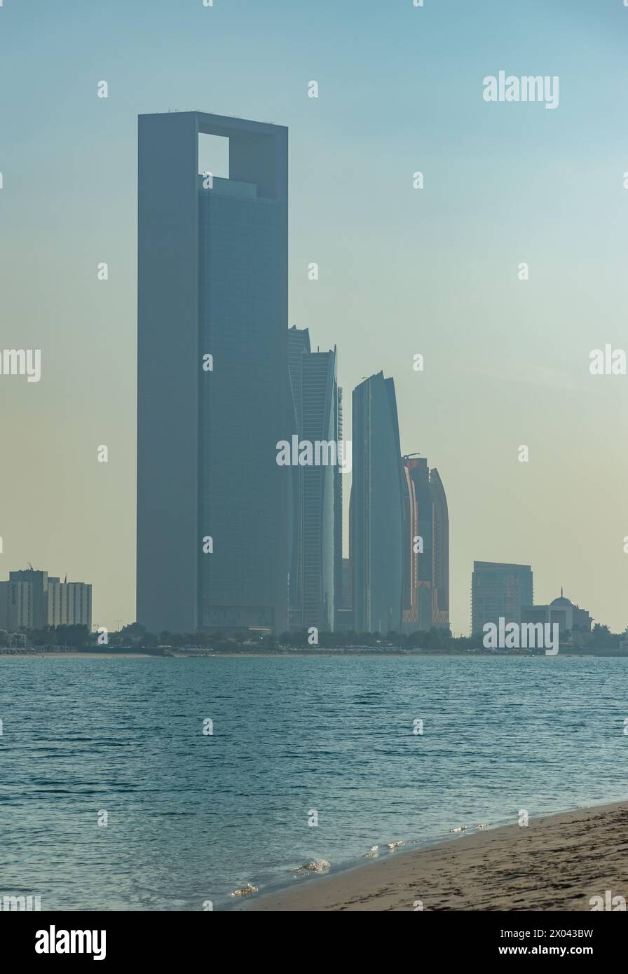A picture of the Etihad Towers and the Abu Dhabi National Oil Company Headquarters as seen from afar. Stock Photo