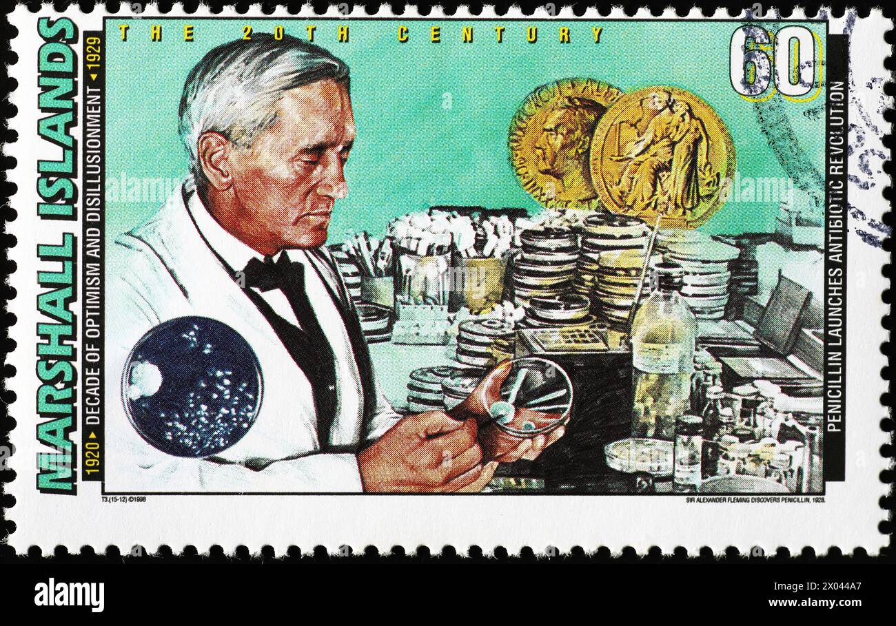 Discovery of the Penicillin by Fleming in 1928 on postage stamp Stock Photo