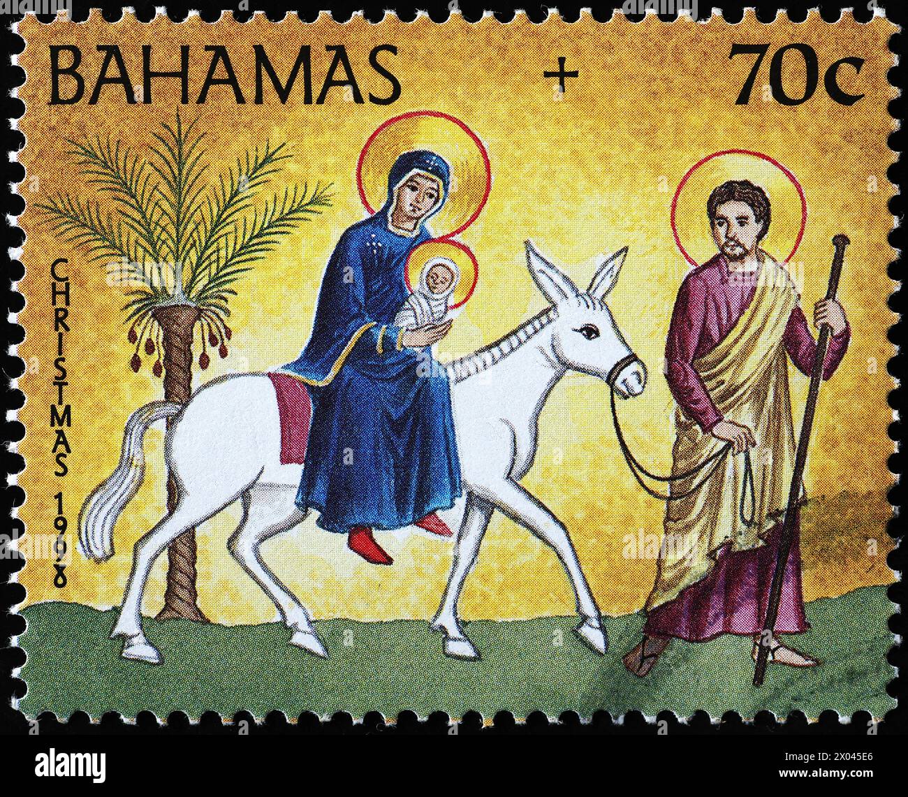 The holy family on the move on postage stamp from Bahamas Stock Photo ...