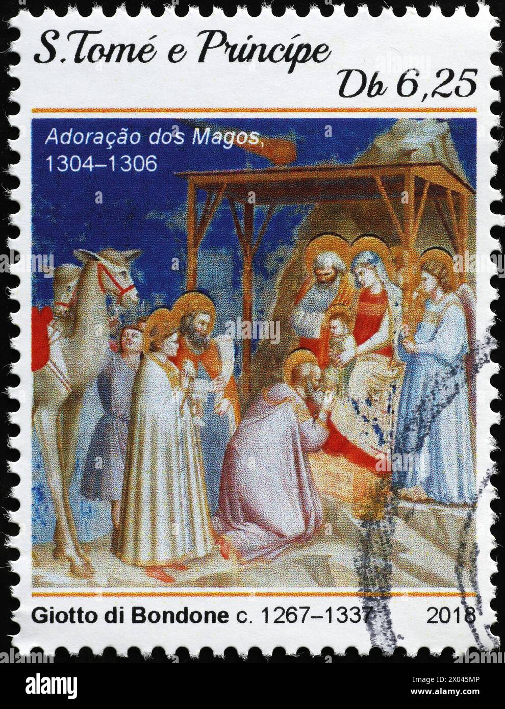 Adoration of the Magi by Giotto on postage stamp Stock Photo