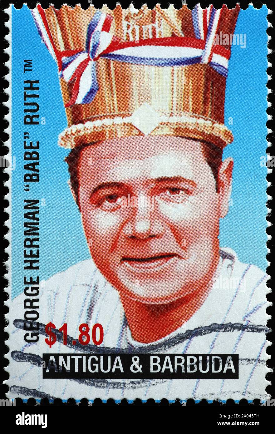 Babe Ruth wearing a crown on postage stamp Stock Photo
