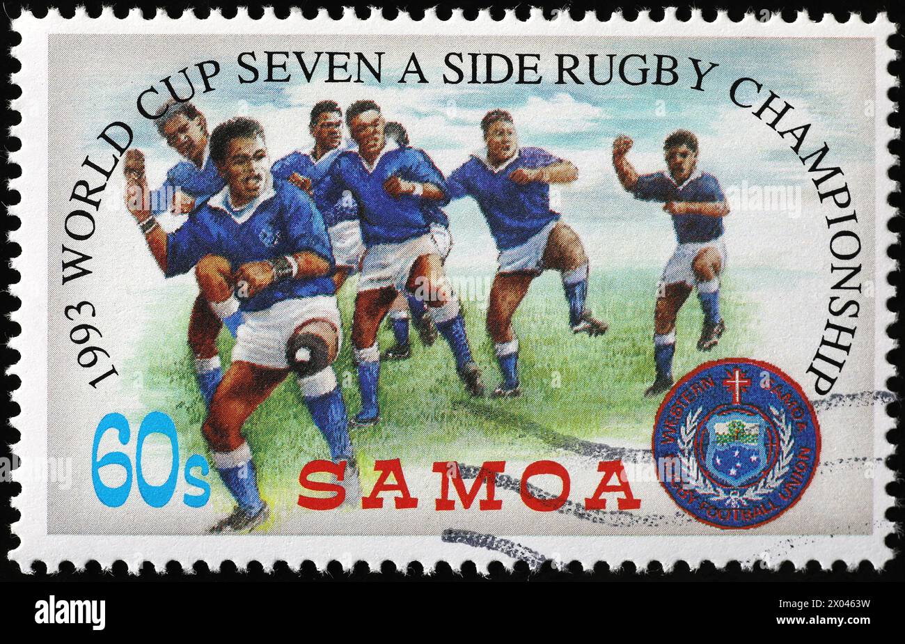 Dance of Samoan rugby players on postage stamp Stock Photo
