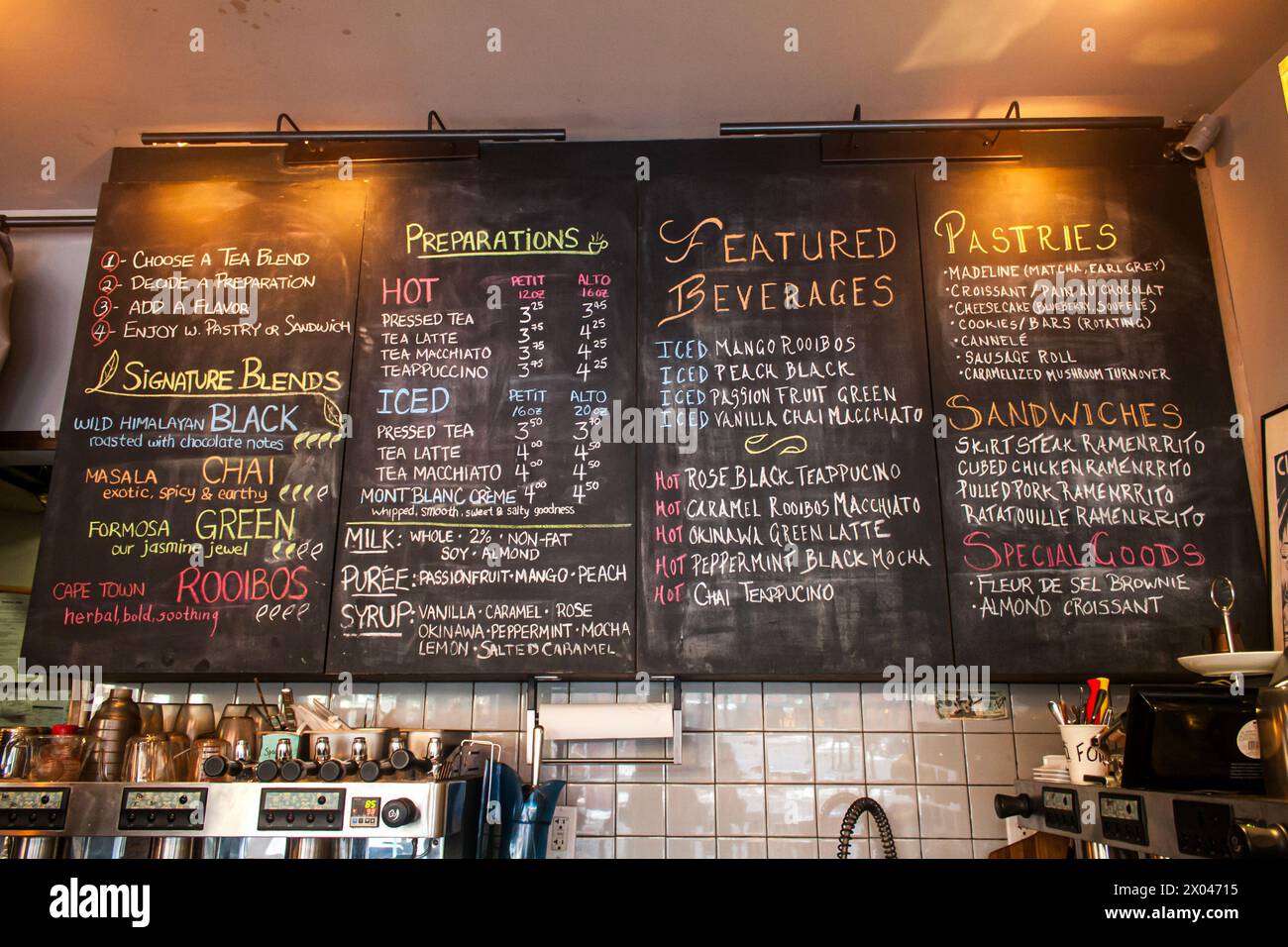 A handwritten chalk menu in a coffee shop or café, cozy tea shop menus